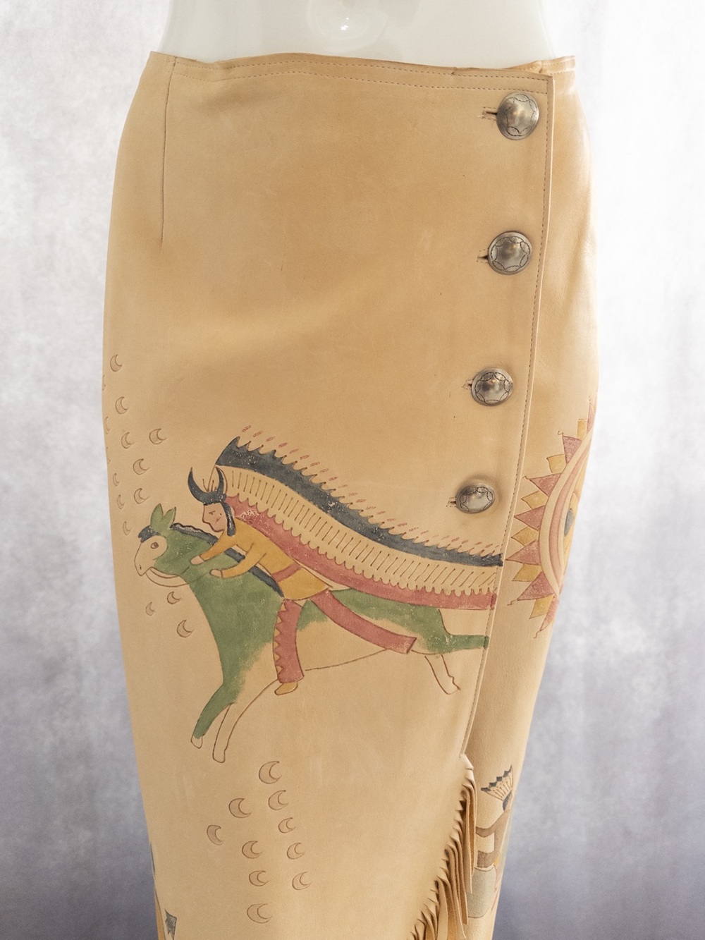 Vtg Ralph Lauren Country 1980s Wrap Fringe Skirt, Hand-painted Leather, Size 8 - Picture 7 of 10